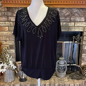 JM Collection Black Short Sleeved Shirt with Jeweled Detailing